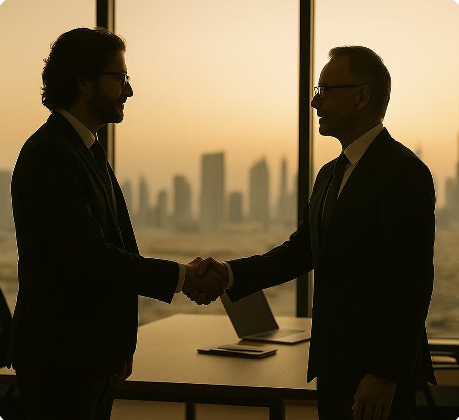 Two executives shaking hands in an office overlooking a city