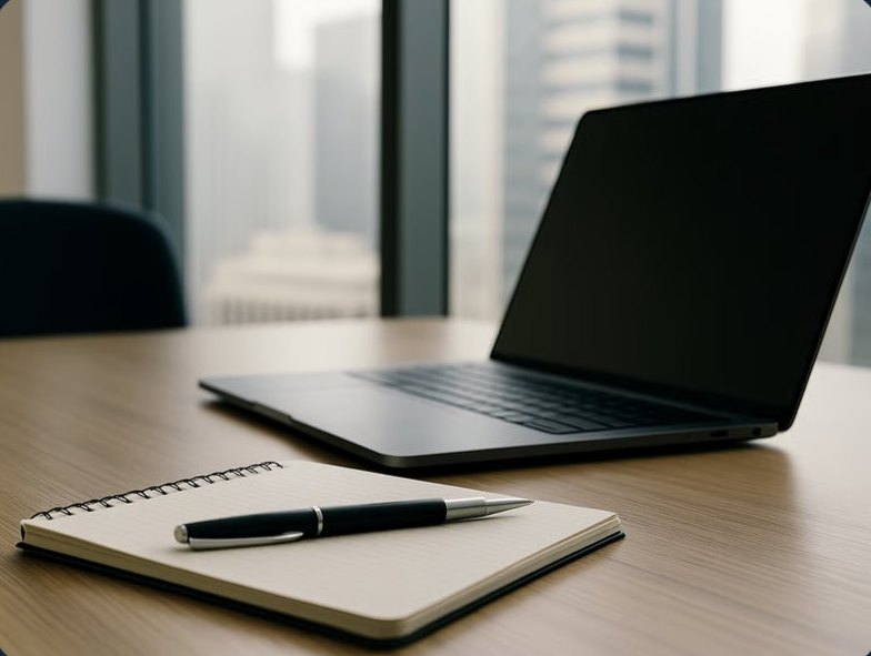Laptop and notebook on a desk